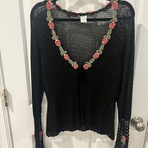 Vintage Cache Black Mesh Top with Colorful Floral Accents.dark cottage, romantic